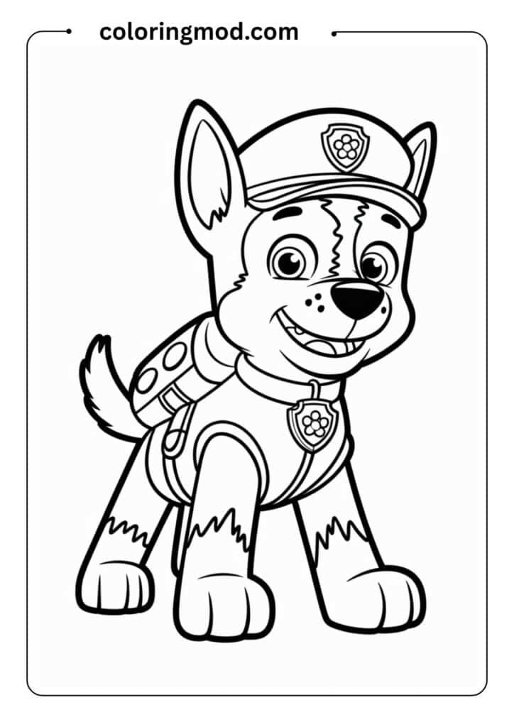 Chase from Paw Patrol in his police uniform posing heroically, outlined cartoon drawing