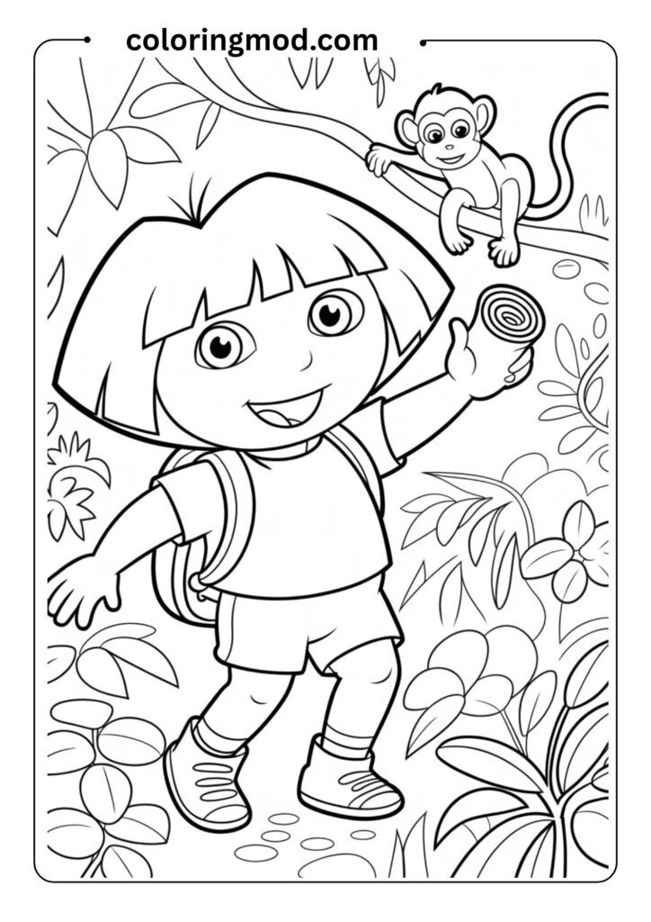 Dora the Explorer with Backpack and Map in a jungle adventure, black and white coloring page style outline