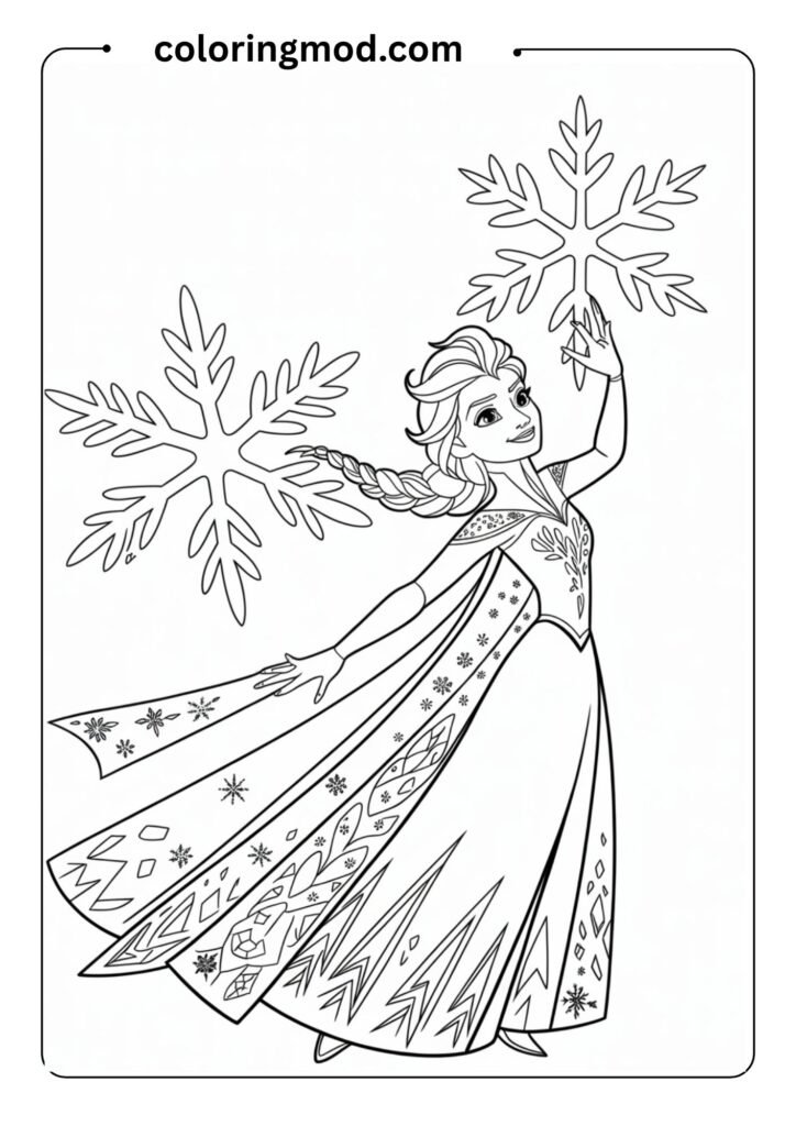 Elsa using her ice powers with snowflakes swirling, elegant cartoon outline for a coloring page,