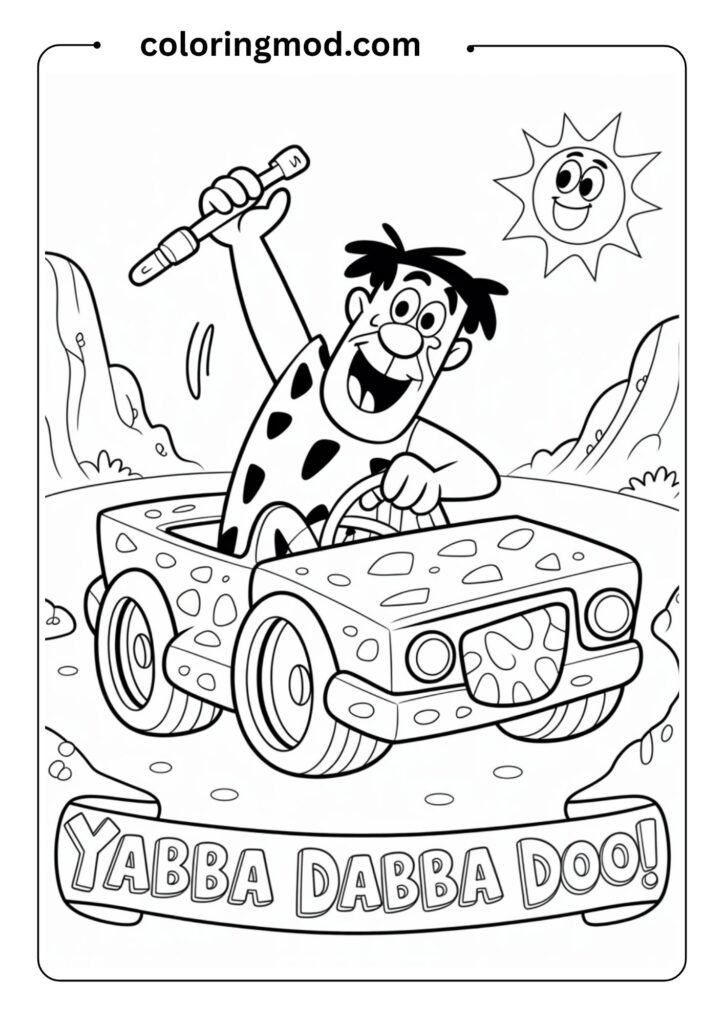 Fred Flintstone driving his stone-age car, cartoon style black and white outlined illustration, coloring page version