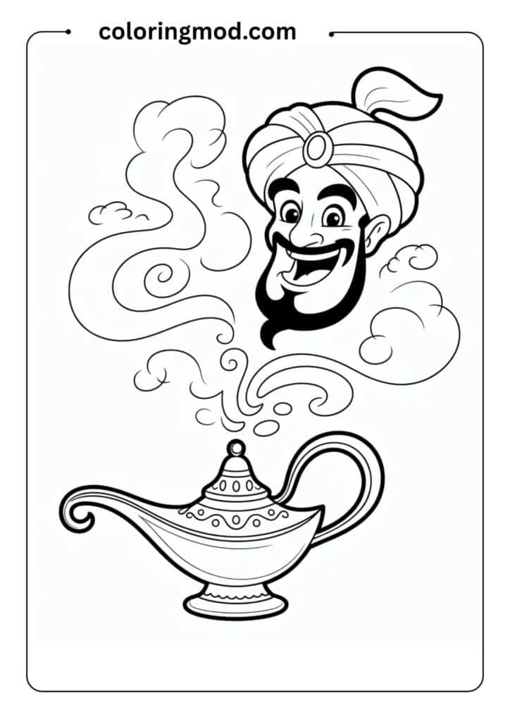 Genie from Aladdin coming out of a magic lamp with a smile, cartoon black and white outline