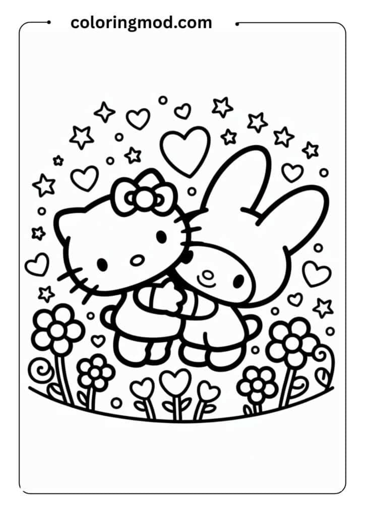 Hello Kitty and My Melody hugging, surrounded by stars and hearts, kawaii outline art for coloring
