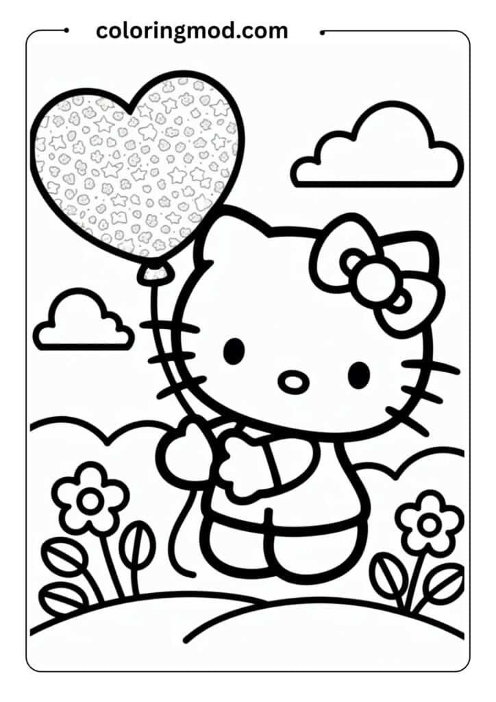 Hello Kitty holding a heart-shaped balloon, kawaii style black and white outline, simple cute cartoon lines for kids coloring