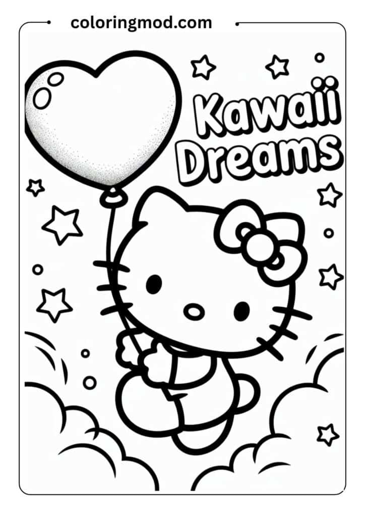 Hello Kitty holding a heart-shaped balloon, smiling, outlined drawing, kawaii style for kids_ coloring page
