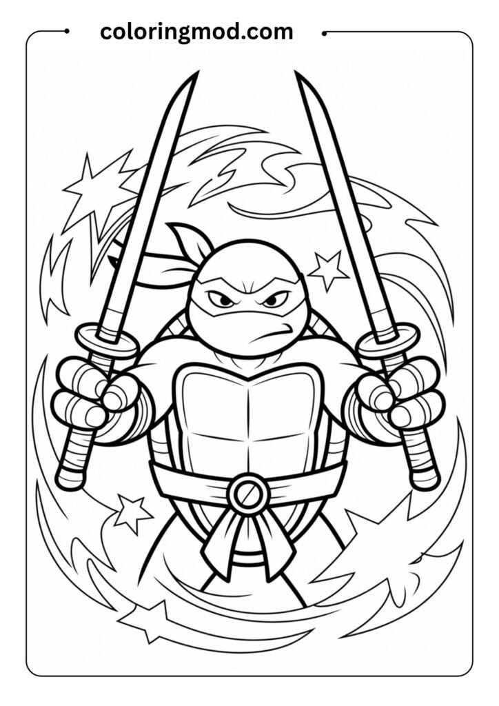 Leonardo from Ninja Turtles posing with dual swords, outlined cartoon drawing