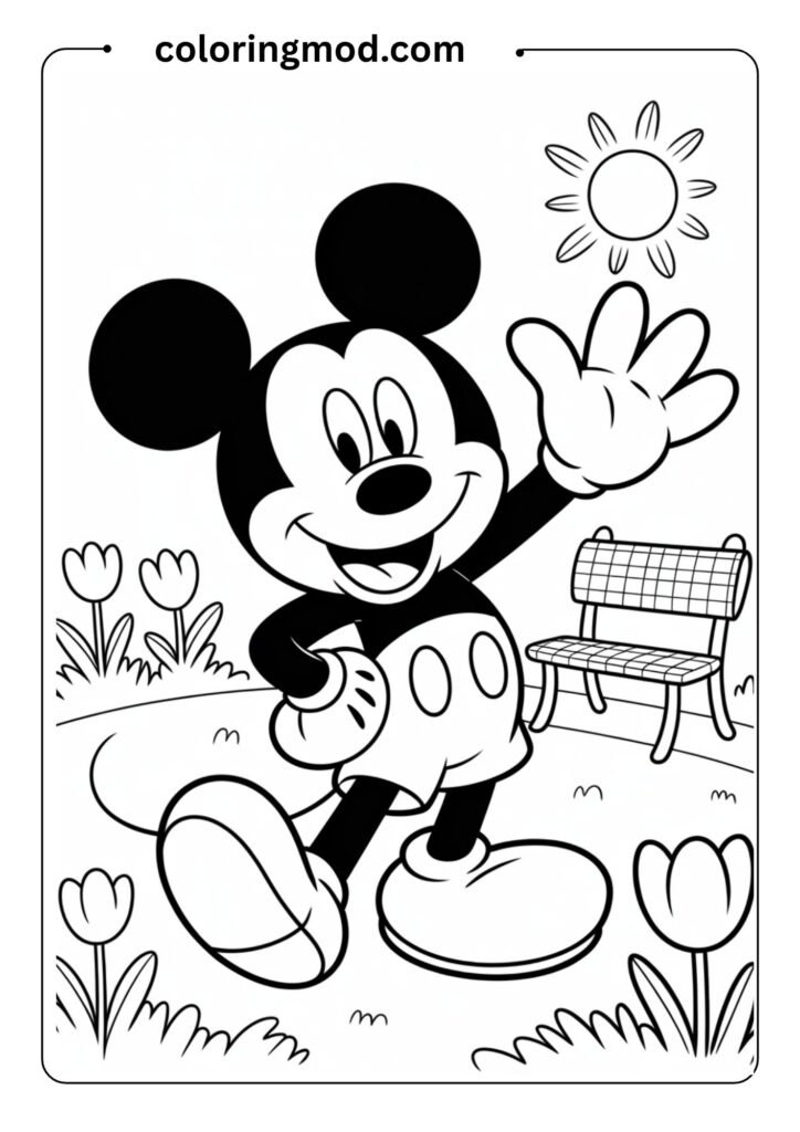 Mickey Mouse waving and smiling in a sunny park, black and white outline for a coloring page,