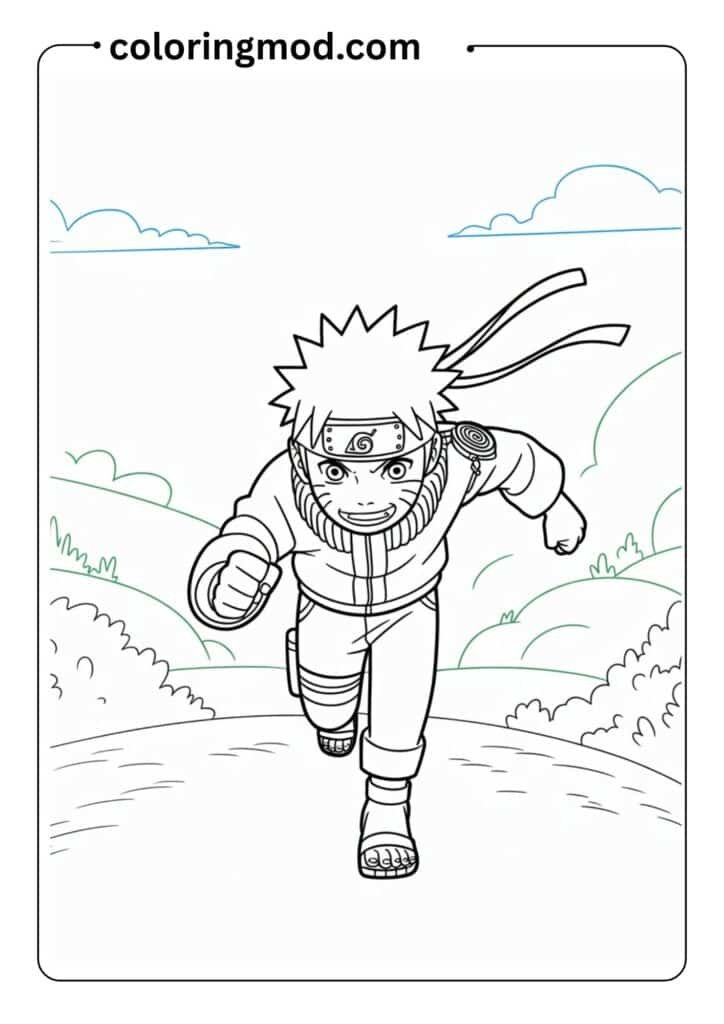 Naruto running with headband flowing, anime cartoon style black and white line art, coloring page format, detailed but child-friendly
