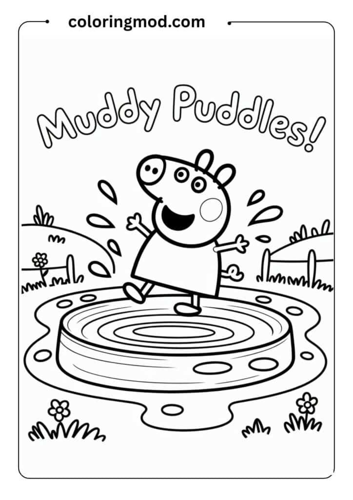 Peppa Pig jumping in muddy puddles, black and white line art for coloring, very simple style 