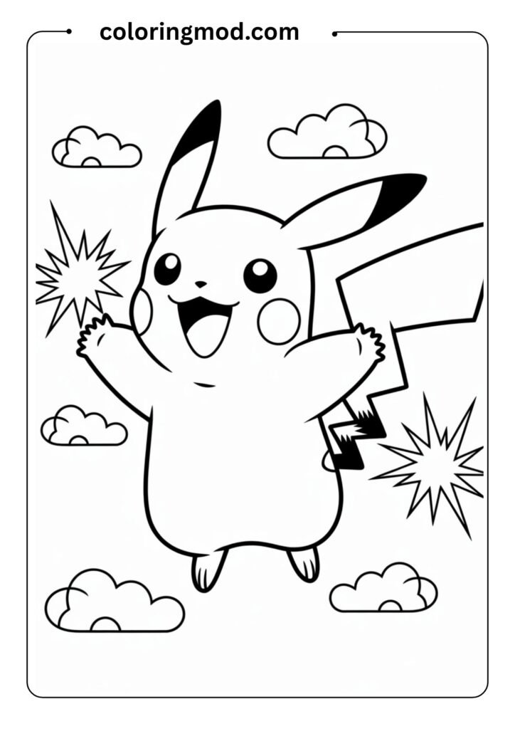 Pikachu jumping with sparks around it, anime cartoon style black and white outline