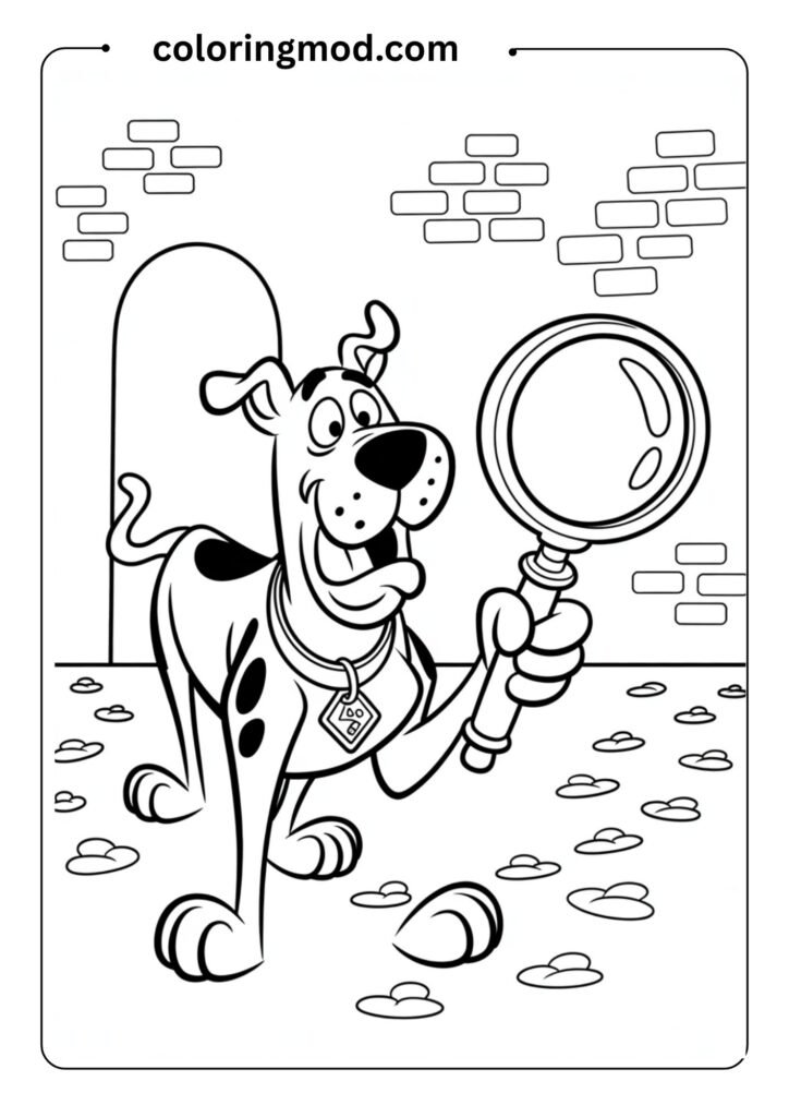 Scooby-Doo looking surprised while holding a magnifying glass, cartoon line drawing