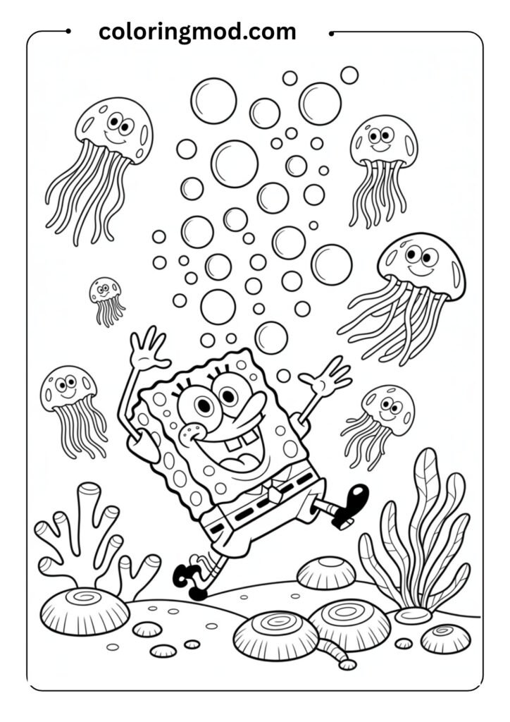 SpongeBob SquarePants blowing bubbles underwater with jellyfish, black and white outline for a coloring book,