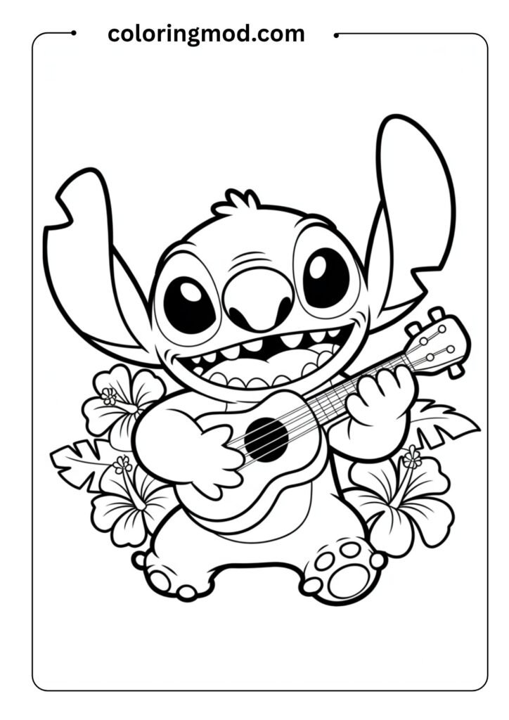 Stitch holding a ukulele and smiling, black and white cartoon outline for a coloring book, no background,