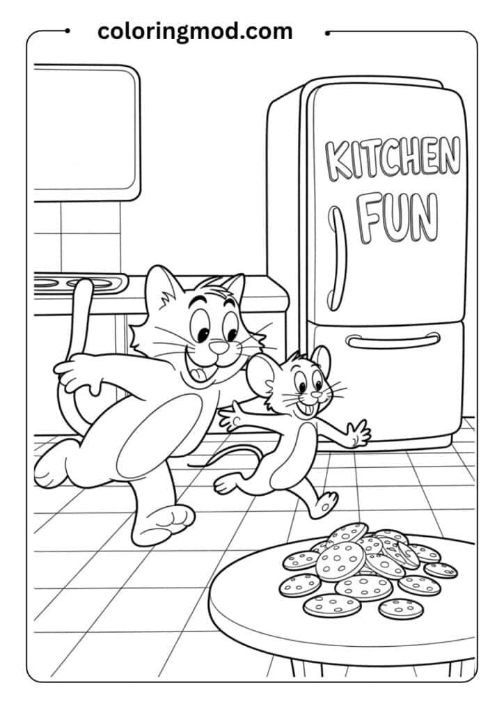 Tom chasing Jerry with a frying pan in a kitchen scene, cartoon style line art for a children's