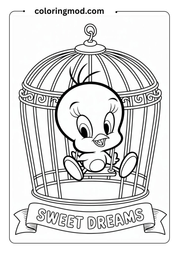 Tweety Bird sitting in a birdcage with a mischievous smile, cartoon coloring book line art, clean outline