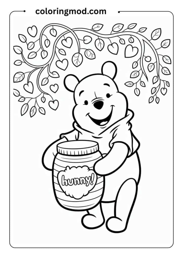Winnie the Pooh holding a honey jar under a tree, cute cartoon line art, black and white coloring page outline