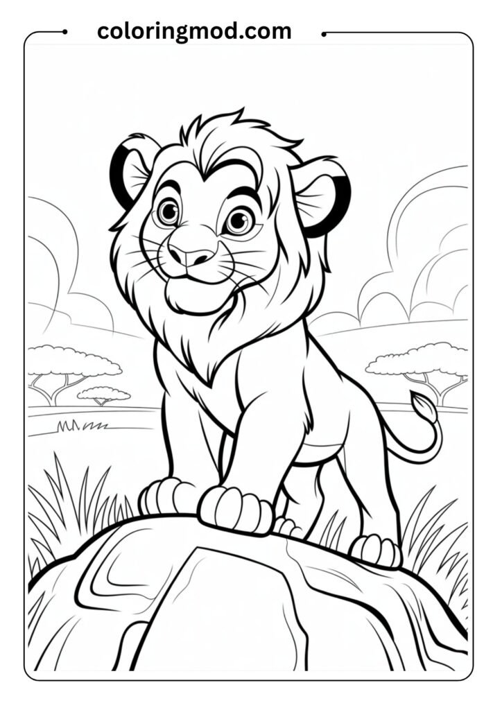 Young Simba standing proudly on a rock, cartoon outline drawing for coloring book